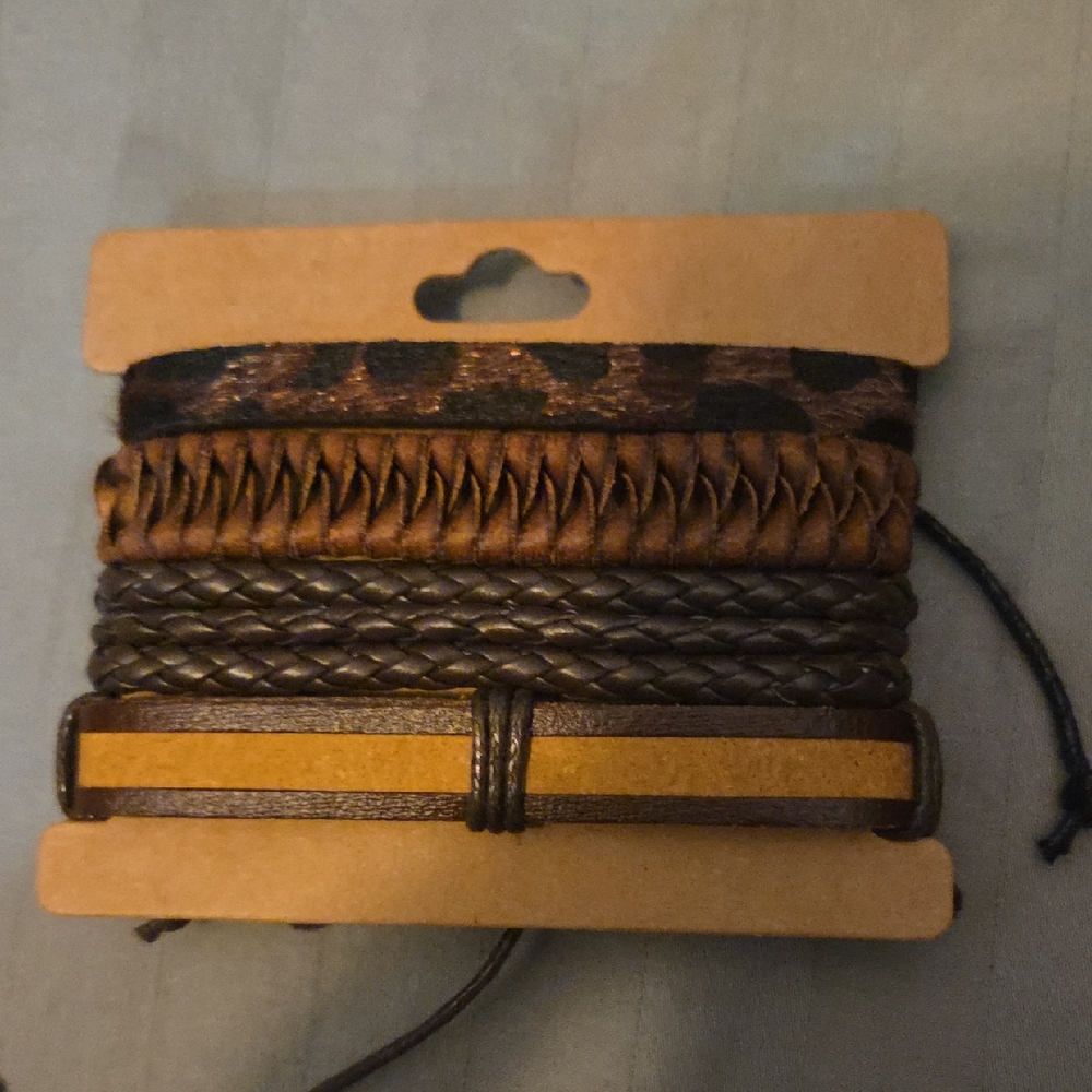 Brown Leather Like Bracelet Set of 4
